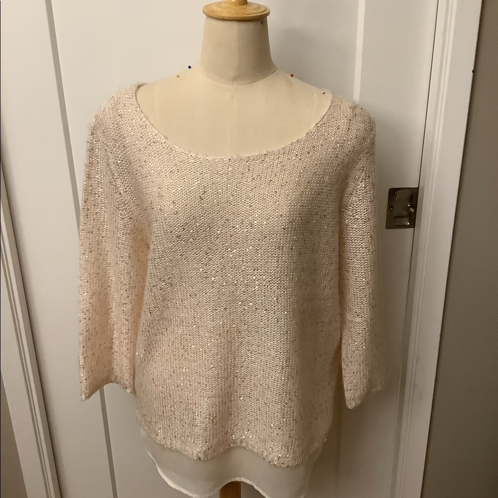 TRIPLET brand, Light Pink knit top with gold sequins. Size Large
